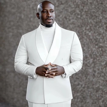 Afrika Beyaz Erkek Takım Elbise Artı Boyutu Şal Yaka Düğün Damat Moda Balo Smokin Blazer Terno Masculino Slim Fit Custom Made 2 Adet