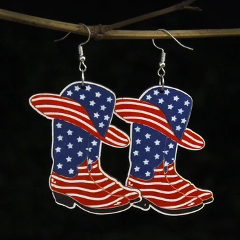 Ahşap binici çizmeleri Bayrak Küpe Oyulmuş Hafif Kadınlar Kutlamak Amerikan Özgürlük Bağımsızlık Günü Aksesuarları Yeni