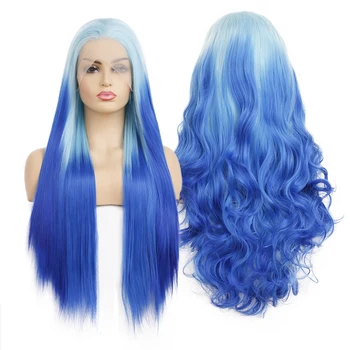AİMEYA Ombre Mavi Dantel ön peruk Moda Sentetik Peruk Tutkalsız Uzun İpeksi Düz Vücut Dalga Mavi Peruk Cadılar Bayramı Cosplay Makyaj