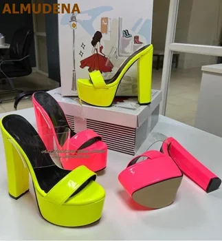 ALMUDENA Neon Sarı Pembe Patent Deri Modern Terlik Tıknaz Yüksek Topuklu platform sandaletler Şeffaf PVC Burnu açık Slip-on Pompalar
