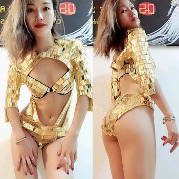 Altın Ayna Kıyafet kadın Bar Gece Kulübü Kutup Dans Performansı-Pırıltılı Sansasyonel Sahne Giyim DJ DS Rave