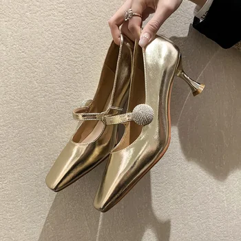 Altın Kare Ayak Özlü Kadın Ayakkabı İnce Topuklu Slip-on Bayanlar yüksek Topuk ayakkabı Ofis Bayan El yapımı rahat ayakkabılar Kadınlar İçin 2023