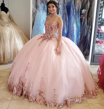 ANGELSBRIDEP Pembe Balo Quinceanera elbiseler Zarif Vestidos De 15 Anos Illison Aplike Prenses Doğum Günü Partisi Törenlerinde