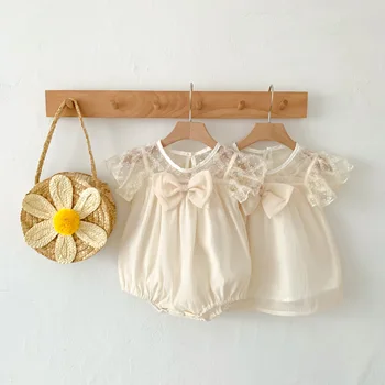 Angoubebe 111H30 Bebek Bebek Kız Kısa kollu Örgü Rahat Tasarım Kız Giyim Romper Combo Elbise Yaz Aylarında