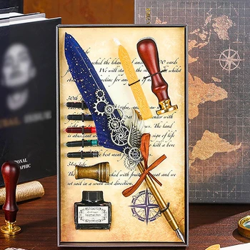 Antika Tüy divit kalem Seti Retro Ahşap divit kalem Seti Klasik mühür mumu Damga Seti Kaligrafi Sanat Kelimeler Hediyeler