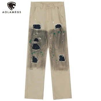 Aolamegs Hip Hop Erkekler Yıkanmış Kot Streetwear Ekleme Yırtık Delik kot pantolon Yaz Retro Yüksek Sokak Rahat Düz Pantolon
