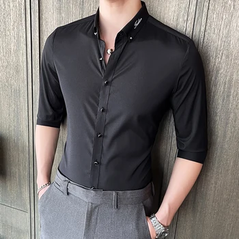 Artı Boyutu 4XL-M Yaz Yarım Kollu Katı Gömlek Erkek Giyim 2023 Basit Nakış Yaka Slim Fit İş resmi giysi Bluzlar