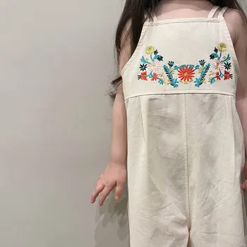 Ayı Lideri Kız Tulum Pantolon 2023 Yaz Katı Nakış Çiçek Sling Pamuk Giyim Çocuk Çocuk moda kıyafetler