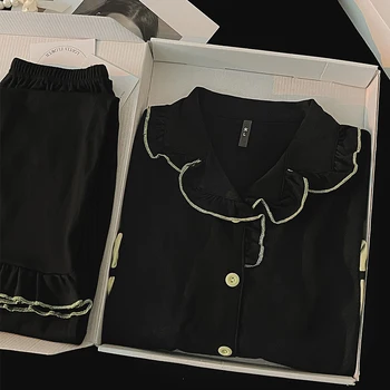 Bahar Pijama Kadın Uzun kollu Pamuklu Pijama Dantel Yaka Yay 2023 Yeni Siyah Ev Giyim