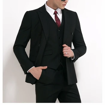 Bahar Yeni Yüksek Kaliteli Beyefendi Moda Siyah Takım Elbise Slim Fit düğün elbisesi Parti Giyim Erkek Giyim (Ceket + Pantolon + Yelek)
