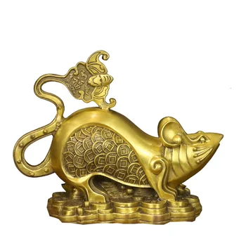 Bakır Altın Sikke Fu Fare Ruyi Fare Dekorasyon Pirinç Zodyak Fare Ev Feng Shui dekorasyon
