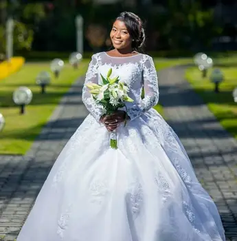 Balo Uzun Kollu Düğün Kat Uzunluk Dantel Aplikler Afrika gelin elbiseleri Custom Made 2023