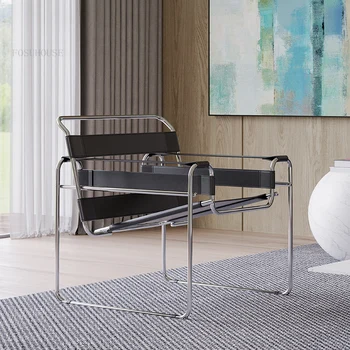 Basit Yurt Deri Oturma Odası Sandalyeleri İskandinav Paslanmaz Çelik Tasarımcı Tek Koltuklar Lüks Yatak Odası Çalışma Boş Sandalye