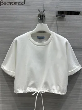 Bearomad Yüksek Kaliteli Yaz Tasarımcı Moda Beyaz Renk günlük t-shirt kadın Kısa Kollu İpli elastik T-shirt