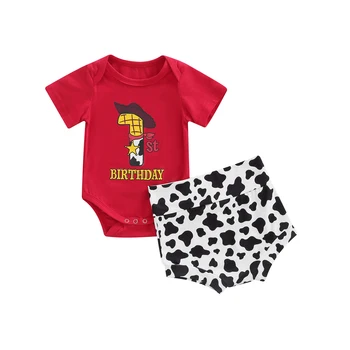 Bebek Bebek Erkek 2 Adet Kıyafet Setleri, ilk Doğum Günü Giysileri Karikatür Mektup Baskı Kısa Kollu Romper Süt İnek Desen Şort