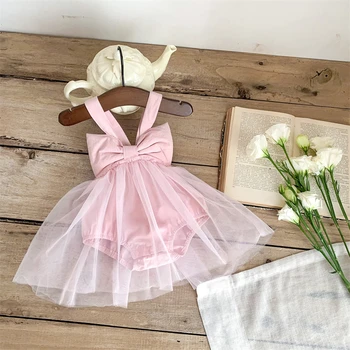 Bebek Bebek Kız Kayma Romper Elbise Bahar Yaz Büyük Yay Katı Örgü Patchwork Elbiseler Yenidoğan Pamuk Sevimli Çocuk Kız Giysileri
