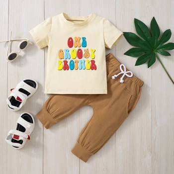 Bebek Erkek Doğum Günü Ekip Boyun Mektuplar Baskı kardeş tişört ve Uzun İpli koşucu pantolonu Seti Yaz Kıyafet 6-18Months