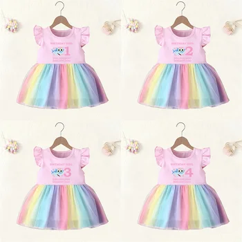 Bebek Kız Giysileri Yaş 1 2 3 4 Yıl Doğum Günü Elbise Karikatür Köpekbalığı Sevimli Prenses Vestidos Toddler Kız Gökkuşağı Örgü Parti Elbiseler