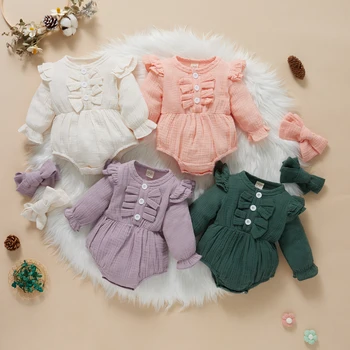 Bebek Kız İki Parçalı Giyim Takım Elbise Sevimli Saf Pamuk Düz Renk Yuvarlak Boyun Uzun Kollu Tulum Ve Yay Headdress