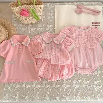 Bebek Setleri Kızlar İçin Bebek Yaka Gömlek Ekose Şort Sevimli Romper Polo Elbise Yenidoğan Kostüm 2023 Yaz Toddler Moda Kıyafetler