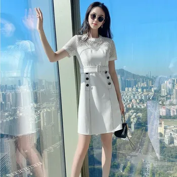 Beyaz Elbise Kadın Yaz 2023 Yeni Varış Oymak Ekleme İnce Kadın Kısa Mini Elbise