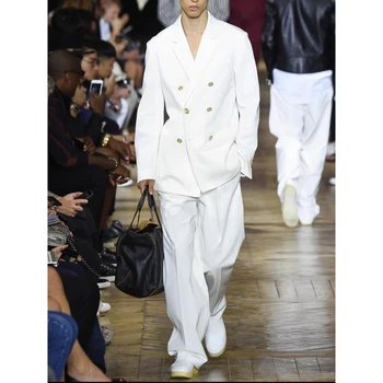 Beyaz Erkek Takım Elbise Yaz Moda Çentik Yaka ve Kruvaze erkek Giyim Akıllı Rahat Günlük 2 Parça Set Blazer Pantolon 2023
