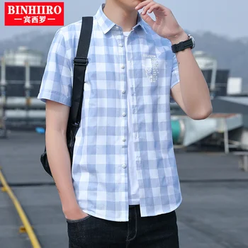 BINHIIRO 2023 Yeni erkek Gömlek Yaz Rahat Ekose Mektubu desen Baskı Kısa Kollu Üstleri Moda Yaka Harajuku erkek Gömlek
