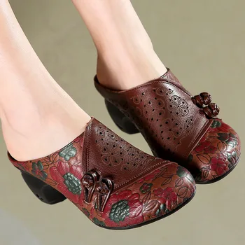 Birkuir Hakiki Deri Yüksek Topuk Terlik Kadınlar İçin Baskı Çiçekler Tasarımcı Kapalı Ayak Düğmesi Ayakkabı Bayanlar Kalın topuklu sandalet