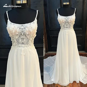 Boho Bir Çizgi düğün elbisesi 2023 Kadınlar İçin Seksi Kare Yaka Spagetti Sapanlar Geri Düğmesi Dantel gelin kıyafeti Şifon Süpürme Vestidos