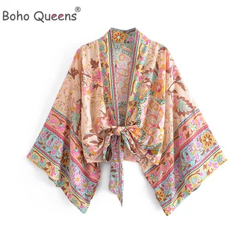 Boho Queens Vintage Çiçekli Baskı Sashes Kısa Kimono Kadınlar Yeni Moda V Boyun Batwing Kollu Bayanlar Plaj Elbise Kapak-ups