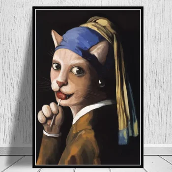 Büyük Ağız Kız İnci Küpe İle Komik Hayvan Sanat Boyama Posterler Ve Baskılar Tuval Duvar Resmi Oturma Odası Dekorasyon İçin