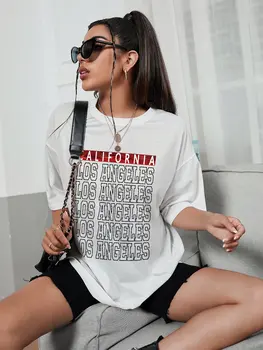 California Los Angeles Baskılı Pamuklu T-Shirt Kadınlar İçin Tüm matematik Büyük Boy Moda Tee Giyim Yaz Nefes Kadın Üstleri