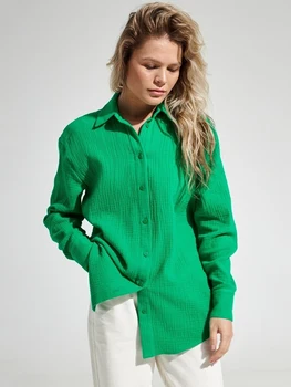 CamKemsey Bahar %100 % Pamuk Krep Gömlek Kadın 2023 Moda Katı Gevşek Uzun Kollu Tek Göğüslü Ofis Bluzlar