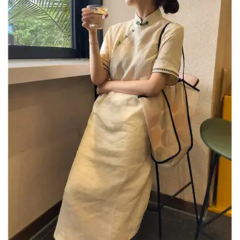 Cheongsam Kadın Çin Qipao Elbise Yaz Zarif Moda Genç Tasarım Standı Yaka Oryantal Geleneksel Giyim Pamuk Keten