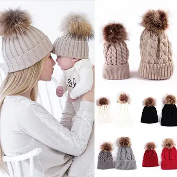 Citgeett Moda Seti Anne Anne Bebek Örgü Pom Bobble Şapka Çocuk Kız Erkek Topu Yün Kış Sıcak Sonbahar Bere Moda Kap