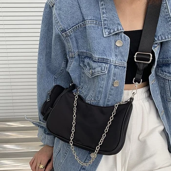 Crossbody Çanta Kadın Yeni Moda Bahar Yaz Tüm Maç naylon torbalar Metal Zincir Tasarımcı Uzun Kemer Yumuşak Verstile Fermuar Hobo Çanta