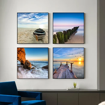 Deniz Manzarası Sahil Tuval Boyama Duvar Resimleri Manzara Posterler ve Baskılar Günbatımı Plaj Duvar Sanatı Oturma Odası Ev Dekor için