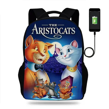 Disney Aristocats Marie Kedi Sırt Çantası Erkek Kız Okul Çantaları Çocuk Genç USB Şarj Günlük seyahat sırt çantası Mochila