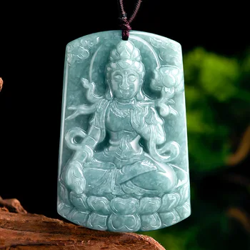 Doğal Burma Bir jadeite Mavi Su Mahāsthāmaprāpta Guanyin Yeşim kolye uçları Takı Toptan Drop Shipping