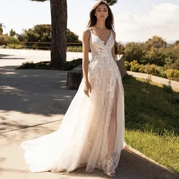 Düğün elbisesi Seksi Yan Yarık Yaz Spagetti Sapanlar A-Line Dantel Tül Backless Gelin Kıyafeti Uzun Vestidos De Noiva Aç Geri