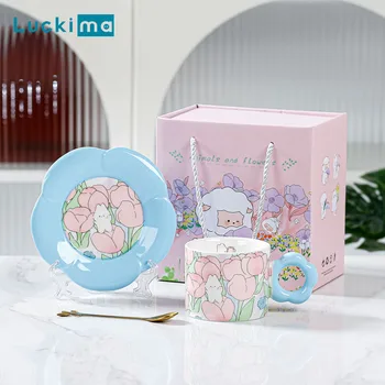 El-boyalı çiçekli seramik Kahve Fincanı Ev Ofis fincan tabağı ile kaşık Kahvaltı Süt Suyu çay kulplu fincan Hediye Mikrodalga Güvenli