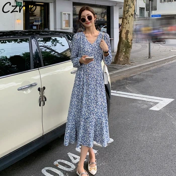 Elbise Kadın Moda V Yaka Çiçek Uzun Kollu Bahar Sonbahar Tunik İmparatorluğu Maxi Vestido Zarif Parti İnce Streetwear Plaj Tatil