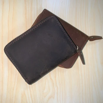 En Hakiki Deri erkek cüzdanları Para kart çantası Retro El Yapımı Cüzdan Erkekler için Fermuarlı Çanta Kısa Kahverengi Cüzdan Erkekler Kalın Cüzdan