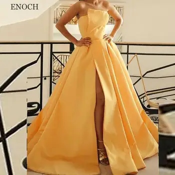 ENOCH Modern Straplez A-Line balo kıyafetleri Yan Yarık Kolsuz Backless Lace Up Saten Parti Törenlerinde Elbiseler De Soirée Custom Made