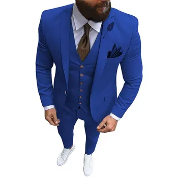 Erkek 3 Parça Takım Elbise Resmi İş Çentik Yaka Slim Fit Smokin En İyi Erkek Blazer Düğün İçin(Blazer + Yelek + Pantolon)