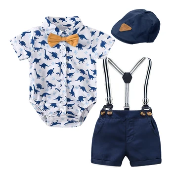 Erkek bebek Giysileri Bere Yenidoğan Bebek Giysileri 0 3 Ay Yaz Dinozor Baskı Tulum + Askı Pamuk Şort Çocuk Kıyafet
