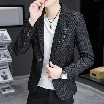 Erkek Blazer Ceket Yeni Kore Parti Elbise Blazer Slim Fit Kişilik Siyah Baskı Takım Elbise Ceket Moda Marka Erkek Giysileri
