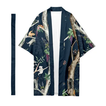 Erkek Japon Geleneksel Etnik Uzun Kimono Hırka Erkek Samuray Giysileri Kimono Hayvan Kedi Desen Kimono Gömlek Yukata Ceket