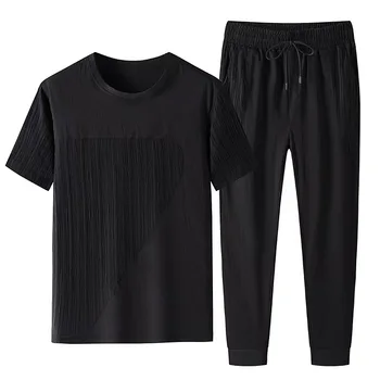 Erkek kısa kollu tişört + uzun Pantolon şort takımı Yaz Nefes Rahat Koşu Kıyafetleri Moda Harajuku Erkek Spor Takım Elbise