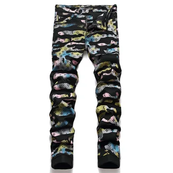 Erkek moda Kot Streetwear Calca Kaya Streetwear Hip Hop Renkli Baskılı Erkek İnce Kot